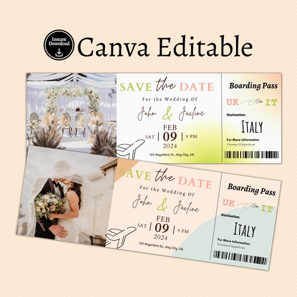 Editable Plane Ticket Save The Date, Boarding Pass Save The Date Wedding Voucher,Destination Wedding Voucher,Editable Flight Wedding Voucher