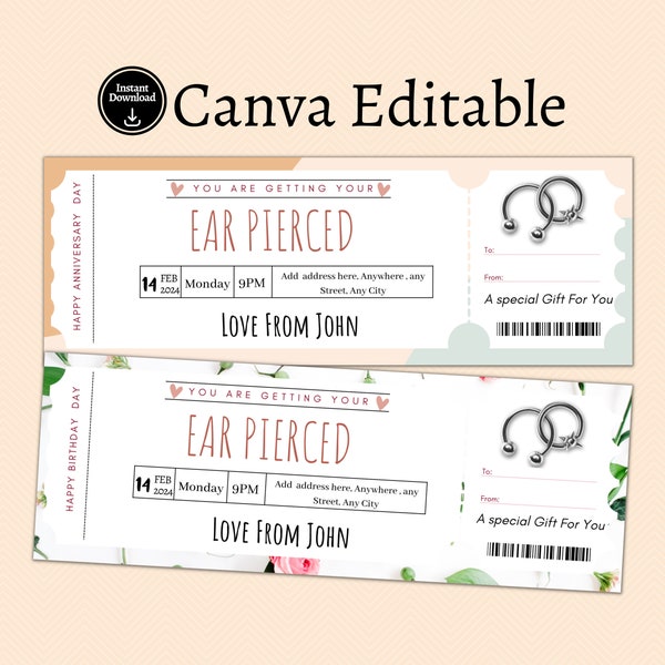 Editable Ear Piercing Gift Voucher Template Printable Ticket - Tween Teen Gift Idea for Daughter - INSTANT DOWNLOAD- Gift ticket Template