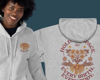 Sudadera con capucha y cremallera personalizada para enfermera de parto y parto, para usar en el trabajo de doula, sudadera con capucha y cremallera para partera, regalo para asistente de parto, manga larga