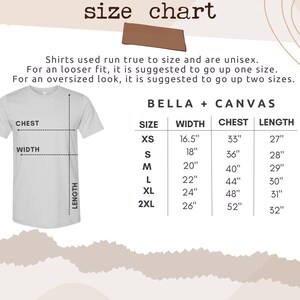 May include: Size chart for Bella + Canvas t-shirts, showing measurements in inches for chest, width, and length for sizes XS to 2XL.