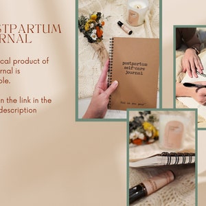 May include: A brown journal with the text "postpartum self-care journal" on the cover. The journal is open and a hand is writing in it with a black pen. The journal is surrounded by dried flowers and a candle.