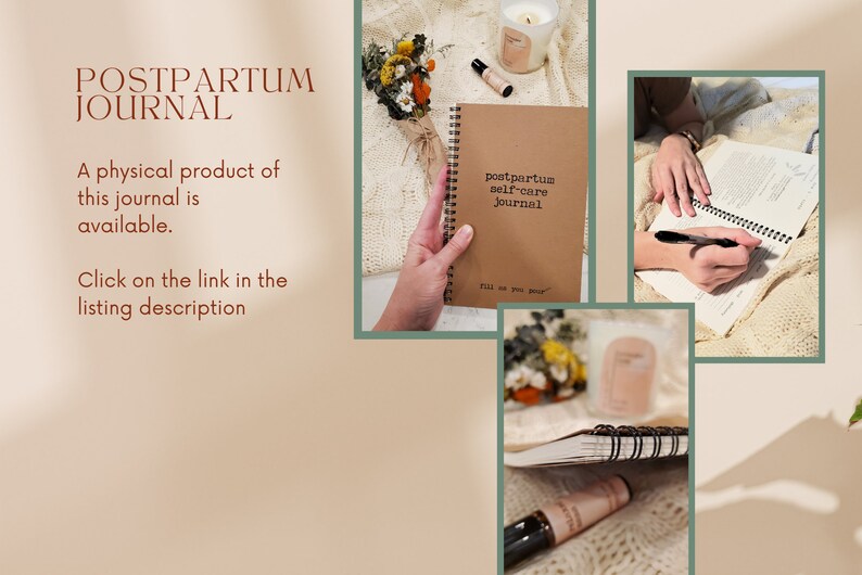 May include: A brown journal with the text "postpartum self-care journal" on the cover. The journal is open and a hand is writing in it with a black pen. The journal is surrounded by dried flowers and a candle.