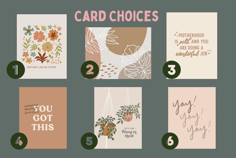 May include: Six different card designs with various illustrations and text. The designs include floral patterns, abstract shapes, hanging plants, and motivational quotes. The cards are numbered 1 through 6.