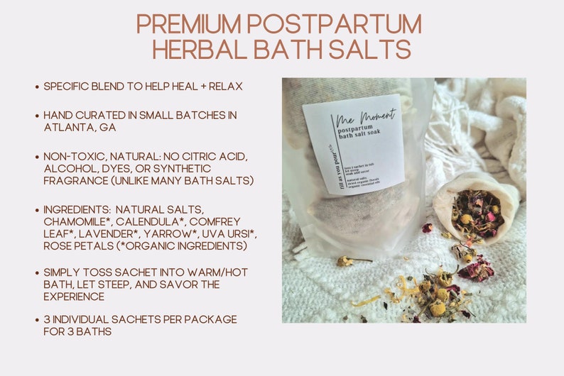 premium and organic postpartum care herbal bath salts made in small batches, all natural and synthetic ingredients