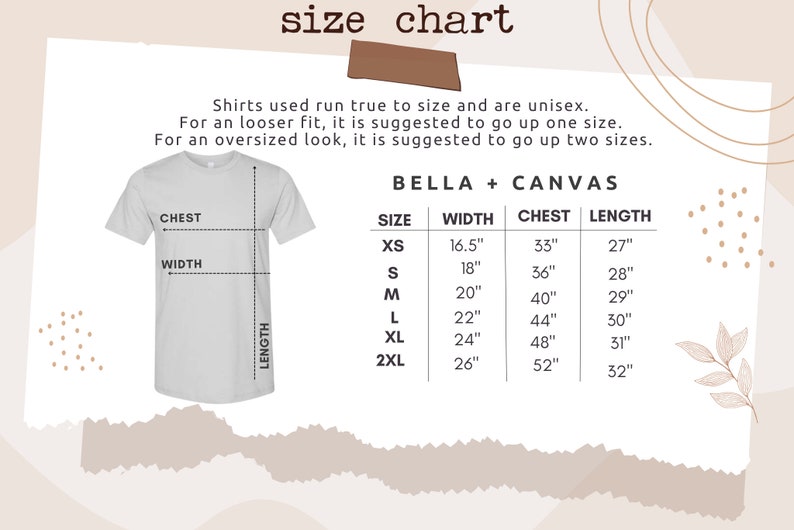 Op de afbeelding: Maattabel voor Bella + Canvas T-shirts, met afmetingen in inches voor borst, breedte en lengte voor maten XS tot 2XL.