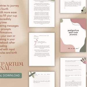 May include: A digital download for a postpartum self-care journal with a pink and green abstract design. The journal includes 42 daily entries to help with the fourth trimester. The text "postpartum self-care journal" is featured on the cover.