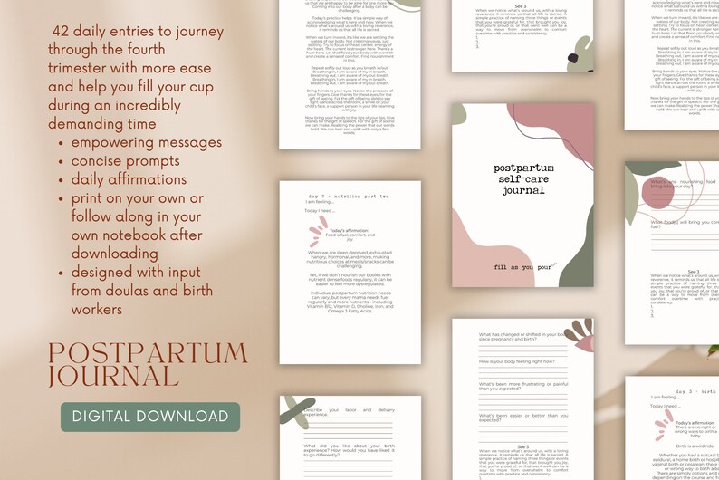 May include: A digital download for a postpartum self-care journal with a pink and green abstract design. The journal includes 42 daily entries to help with the fourth trimester. The text "postpartum self-care journal" is featured on the cover.