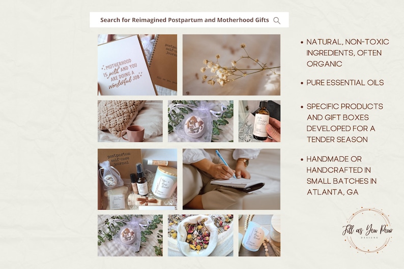 Puede incluir: Una colecci&oacute;n de productos de autocuidado para el posparto y la maternidad. Los productos incluyen una bomba de ba&ntilde;o, una vela, un diario, aceites esenciales y una taza. Los productos son hechos a mano y artesanales en peque&ntilde;os lotes en Atlanta, Georgia. Los productos est&aacute;n hechos con ingredientes naturales, no t&oacute;xicos, a menudo org&aacute;nicos, y aceites esenciales puros.