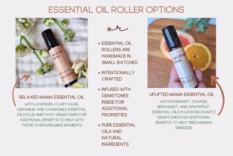 Puede incluir: Dos botellas de rodillo de aceite esencial con etiquetas que dicen "Relaxed Mama" y "Uplifted Mama". Las botellas est&aacute;n fotografiadas sobre un fondo blanco con flores y una superficie de madera con c&iacute;tricos.