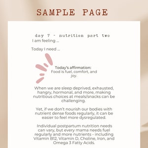 May include: A printable page with a pink graphic and text about nutrition for postpartum mothers. The text includes the phrase "Today's affirmation: Food is fuel, comfort, and joy."