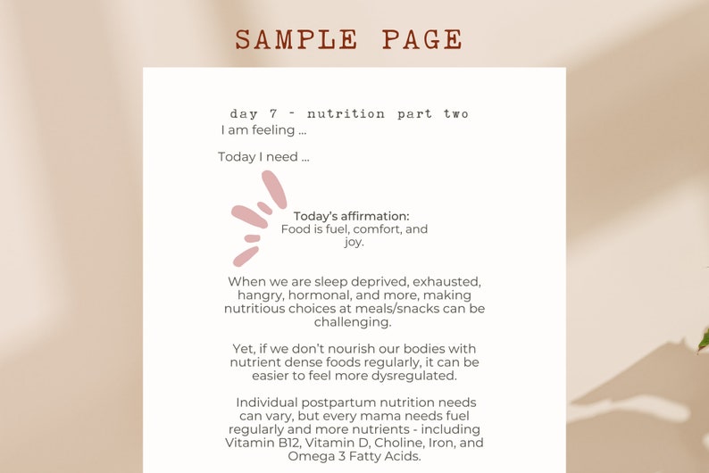 May include: A printable page with a pink graphic and text about nutrition for postpartum mothers. The text includes the phrase "Today's affirmation: Food is fuel, comfort, and joy."