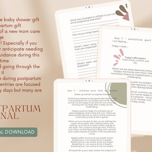 May include: A digital download for a postpartum journal with a peach background and a brown text overlay. The text reads "Postpartum Journal" and "Digital Download". The journal is designed to help new mothers navigate the postpartum period.