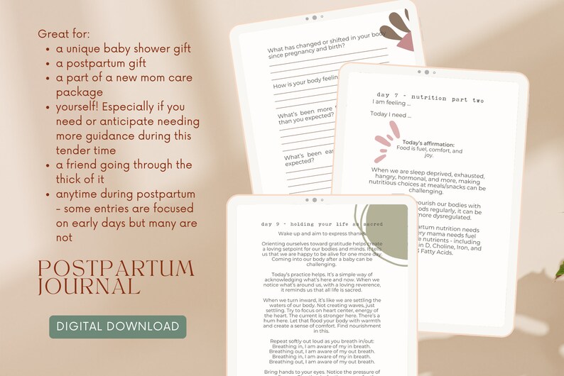 May include: A digital download for a postpartum journal with a peach background and a brown text overlay. The text reads "Postpartum Journal" and "Digital Download". The journal is designed to help new mothers navigate the postpartum period.