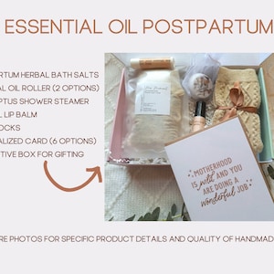 contents of postpartum care package including essential oil roller for moms, postpartum herbal bath salts, and a cute motherhood card