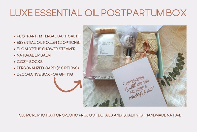 contents of postpartum care package including essential oil roller for moms, postpartum herbal bath salts, and a cute motherhood card
