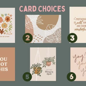 Puede incluir: Seis dise&ntilde;os de tarjetas diferentes con varias ilustraciones y texto. Los dise&ntilde;os incluyen patrones florales, formas abstractas, plantas colgantes y citas motivacionales. Las tarjetas est&aacute;n numeradas del 1 al 6.