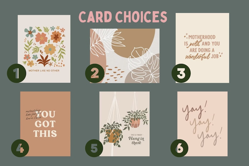 Puede incluir: Seis dise&ntilde;os de tarjetas diferentes con varias ilustraciones y texto. Los dise&ntilde;os incluyen patrones florales, formas abstractas, plantas colgantes y citas motivacionales. Las tarjetas est&aacute;n numeradas del 1 al 6.