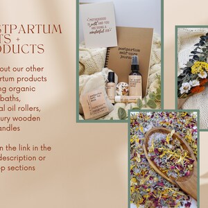 May include: A collection of postpartum self-care products including a journal, bath salts, essential oil roller, and a bottle of spray. The products are arranged on a white blanket with a brown notebook and a quote about motherhood.