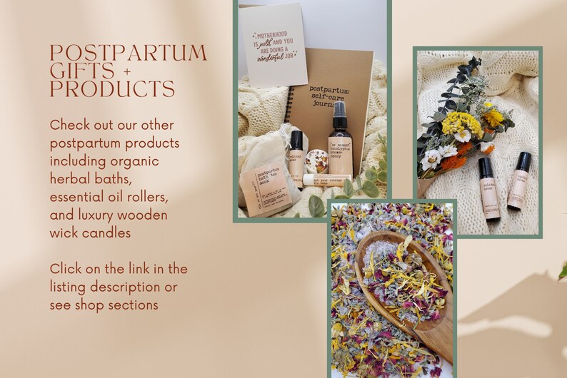 May include: A collection of postpartum self-care products including a journal, bath salts, essential oil roller, and a bottle of spray. The products are arranged on a white blanket with a brown notebook and a quote about motherhood.