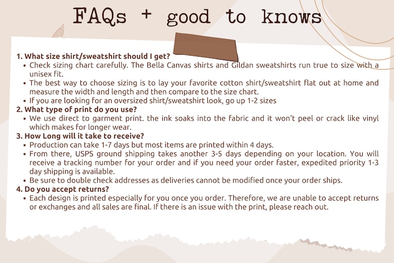 Op de afbeelding: Veelgestelde vragen en informatie over maatvoering, bedrukking en verzending van shirts en sweatshirts. De tekst bevat informatie over de merken Bella Canvas en Gildan, direct-to-garment bedrukking en verzendtijden.