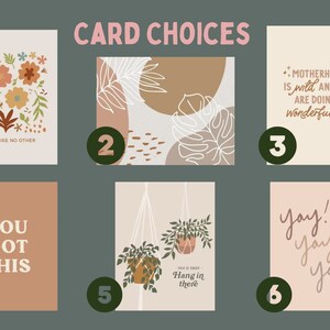 May include: Six different card designs featuring various illustrations and text. The designs include floral patterns, abstract shapes, hanging plants, and motivational quotes. The cards are numbered 1 through 6.