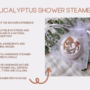 handmade eucalyptus shower steamer with beautiful dried flower pieces for shower self care for mom