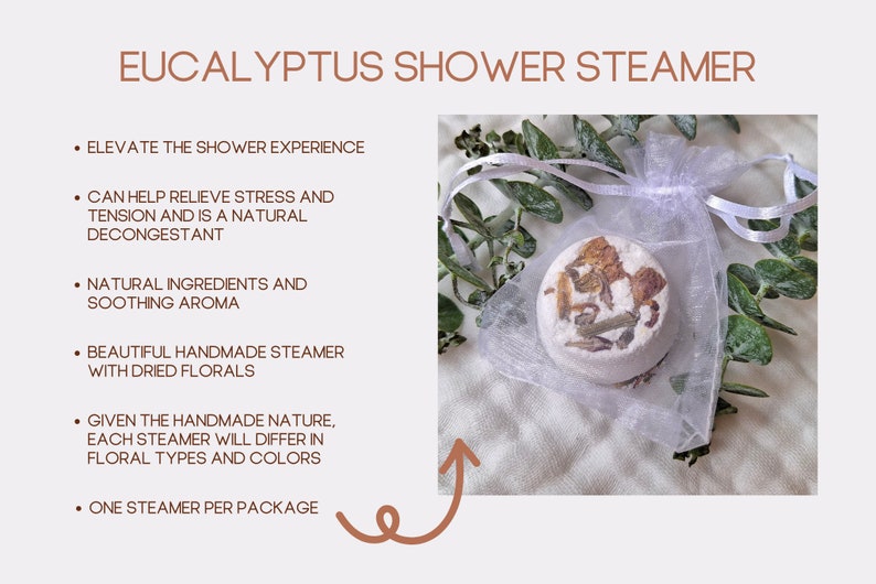 handmade eucalyptus shower steamer with beautiful dried flower pieces for shower self care for mom