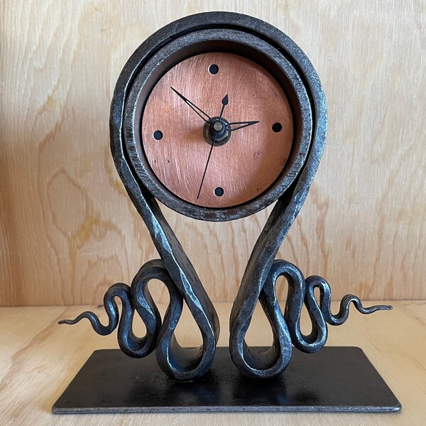 Wrought Iron Table Clock, Brushed Copper Face, 1/4" thick iron casing, Artisan hand forged, Modern Eclectic  7" High 4" wide face 6"x3" base