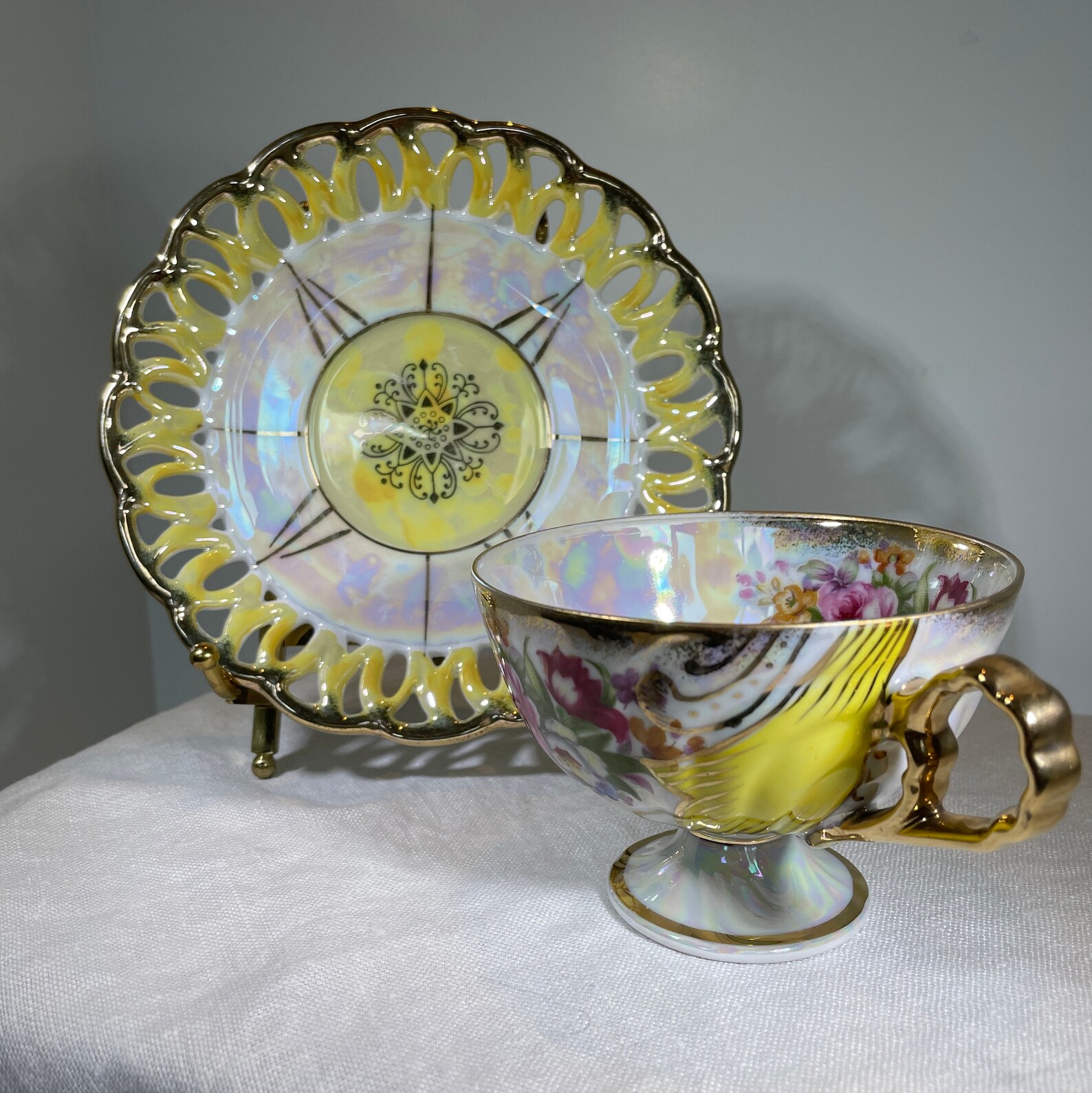 Ucagco Ceramics Japan Cup and Reticulated Saucer Iridescent Lemon ...