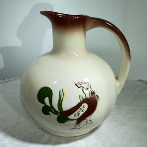 Vintage Brock of California Pottery Open Carafe Rooster Chanticleer Motif Brown Green Quart Capacity