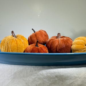 May include: A large, oval, turquoise-colored serving dish holds six velvet pumpkins in shades of orange and yellow. The pumpkins vary in size and are arranged in the center of the dish. The dish is resting on a white cloth.