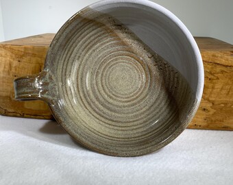 Vintage Studio Pottery Single Handled Bowl Dish Imprinted Potters Mark  Taupe Beige Gray