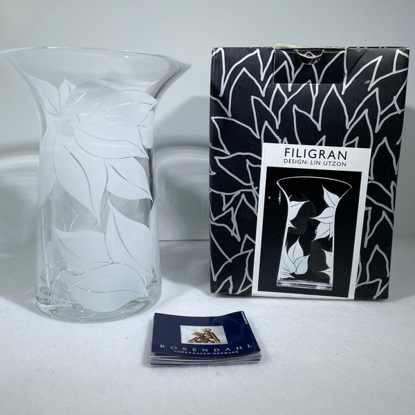 Vintage 90s Rosendahl Filigran Art Glass Vase Screen Printed Leaf Design by Lin Utzon Signed Original Box w/ Literature Hand Made in Denmark