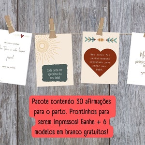 Afirmações de parto em Português. 30 cartões parar varal de afirmações. 6 modelos extras em branco GRATUITOS