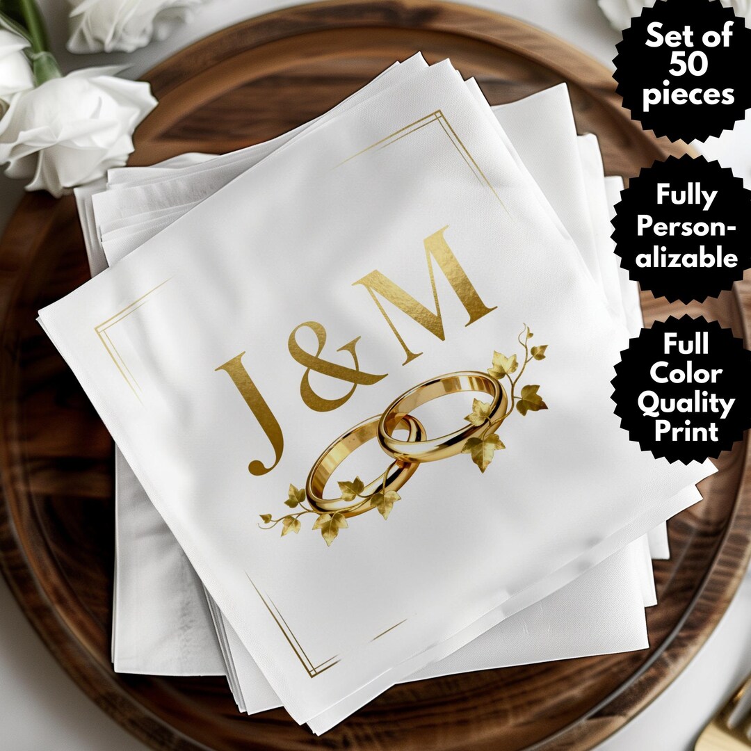 Personalized Wedding Napkins: Custom Initial, Gold Rings, Reception ...
