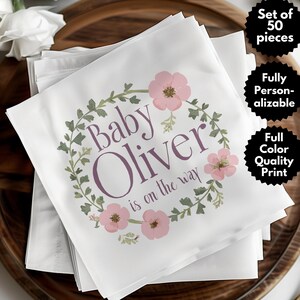 Serviette de table personnalisée pour baby shower, décoration de révélation de sexe personnalisée, serviette de table pour faire-part de bébé, carte de bienvenue de bébé