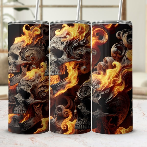 Fiery Skulls 20 oz Tumbler Wrap, Flames and Skulls Digital Print, Sublimation Design, Gothic Tumbler Art, Hot Trendy