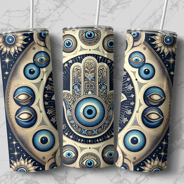 20 oz Tumbler Wrap Print File PNG, Mystical Hamsa Hand Illustration, Spiritual Eye Artwork, Evil Eye, Protective Eyes