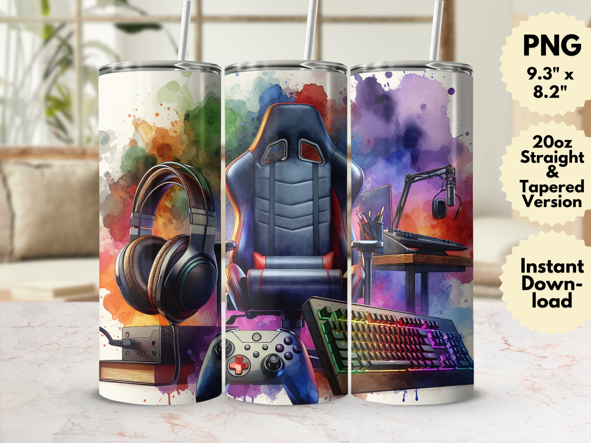 Colorful Gaming Setup Tumbler Wrap, Gamer Chair Digital Print, PNG File ...