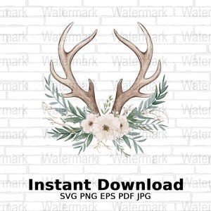 Rustiek hertengewei bloemen SVG, boho bos gewei decor, wilde bloemen gewei clipart, diy bruiloft uitnodigingskaart