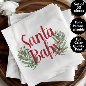 Serviettes de table personnalisées Père Noël, serviettes de table bébé décembre personnalisées, dessous de verre faire-part de grossesse, invitation baby shower