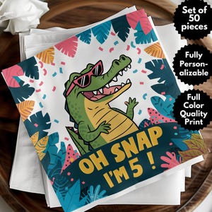 Personalized Birthday Party Napkin, Oh Snap I&#39;m 5 Crocodile Theme, Kids Birthday Card, Fun Jungle Party Decor