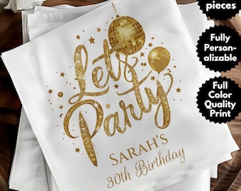 Personalized 30th Birthday Party Napkin, Gold Theme Party Decorations, Custom Name 90s Vintage Theme Napkins