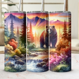 Watercolor Bear Tumbler Wrap, Bear Mountain Forest Landscape PNG, Nature Lover Tumbler Wrap, Scenic Wilderness Art