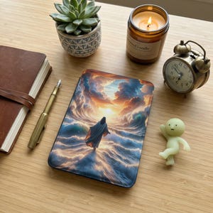 May include: A decorative phone case featuring a person walking on water, with a dramatic sky and ocean scene. The case is surrounded by a succulent plant in a patterned pot, a lit candle, a vintage alarm clock, a small figurine, a journal, and a pen.