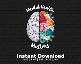 Mental Health Matters Png Download, Brain and Flowers Clip Art, Mental Wellness Printable, Self Care Art Png