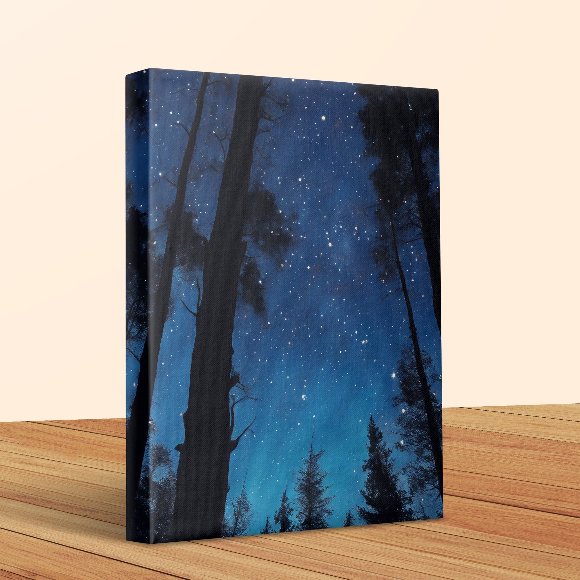Starry Night Sky Forest Canvas Print, Blue Night Sky Poster, Nature ...