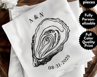 Personalized Destination Wedding Napkin, Oyster Napkin, Initialed Napkin, Beach Wedding Table Decor, Coastal Theme