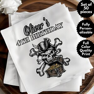 May include: A set of 50 white paper bags with a black and white pirate skull and crossbones design. The bags are personalized with the text "Oliver's 4th Birthday".