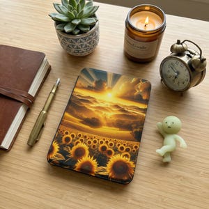 May include: A decorative phone case featuring a field of sunflowers under a golden sunset. The case is surrounded by a succulent plant in a patterned pot, a lit candle, a vintage alarm clock, a small figurine, a journal, and a pen on a wooden surface.